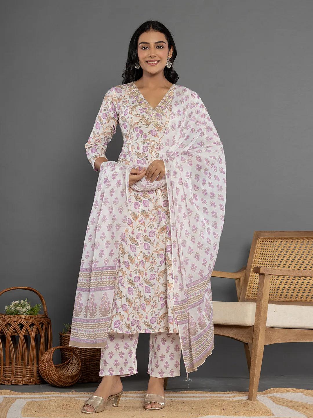 Yufta Purple Beads & Stones Cotton Anarkali Kurta Dupatta Pant Set | Grocsy