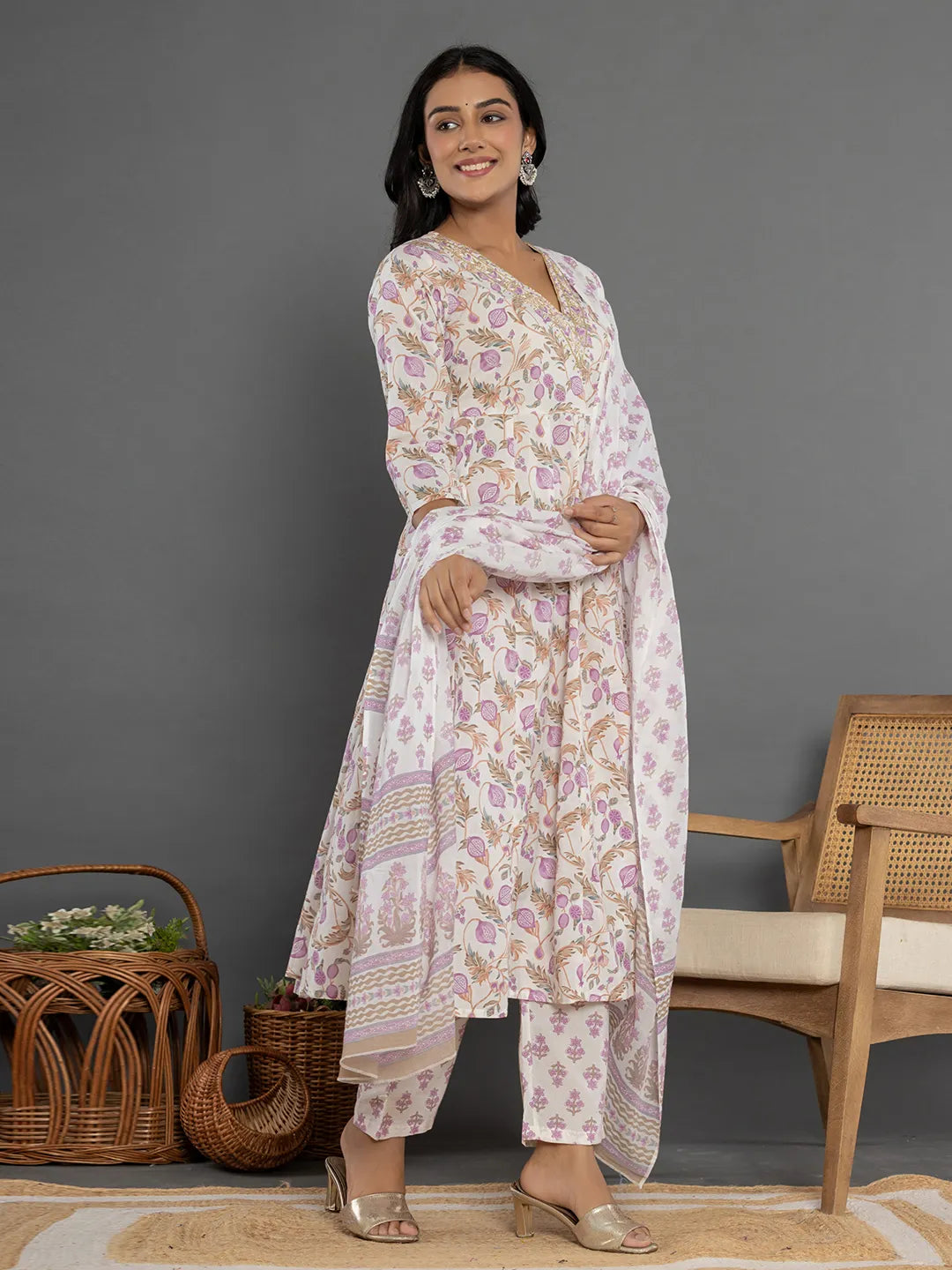 Yufta Purple Beads & Stones Cotton Anarkali Kurta Dupatta Pant Set | Grocsy