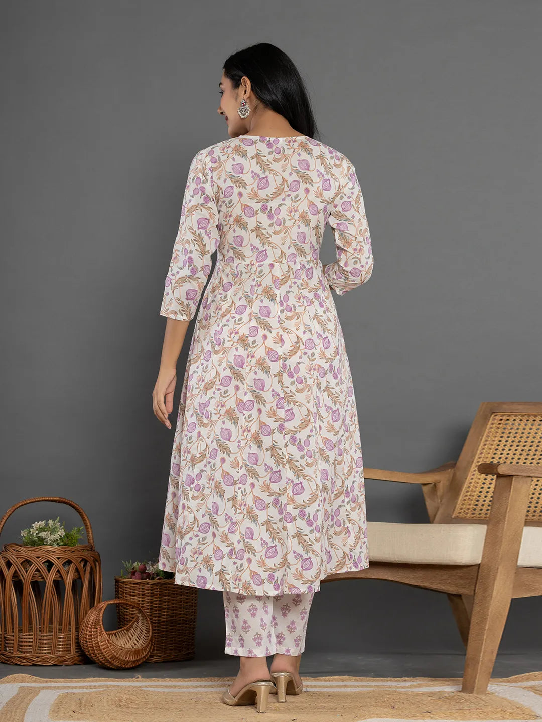Yufta Purple Beads & Stones Cotton Anarkali Kurta Dupatta Pant Set | Grocsy