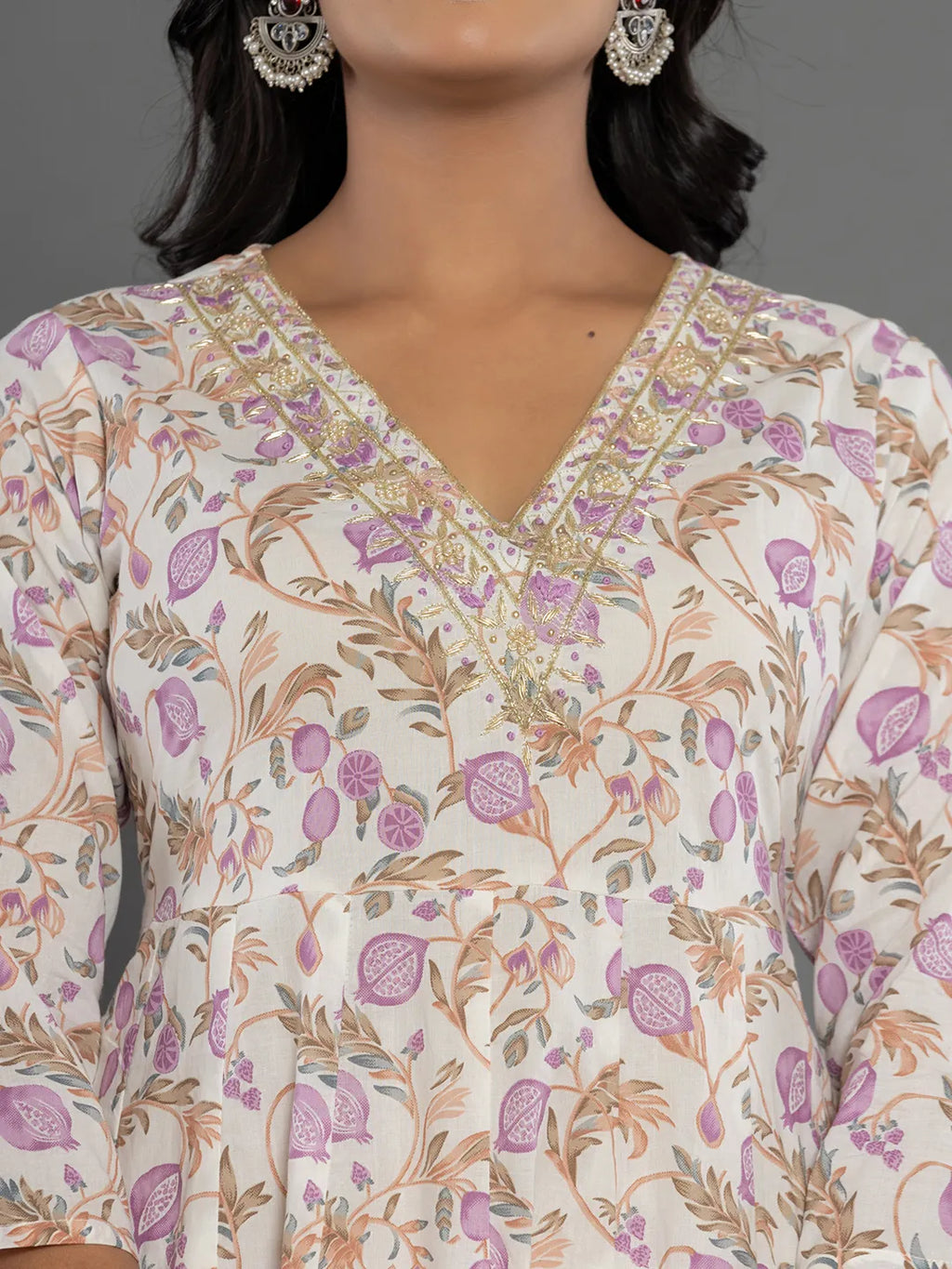 Yufta Purple Beads & Stones Cotton Anarkali Kurta Dupatta Pant Set | Grocsy