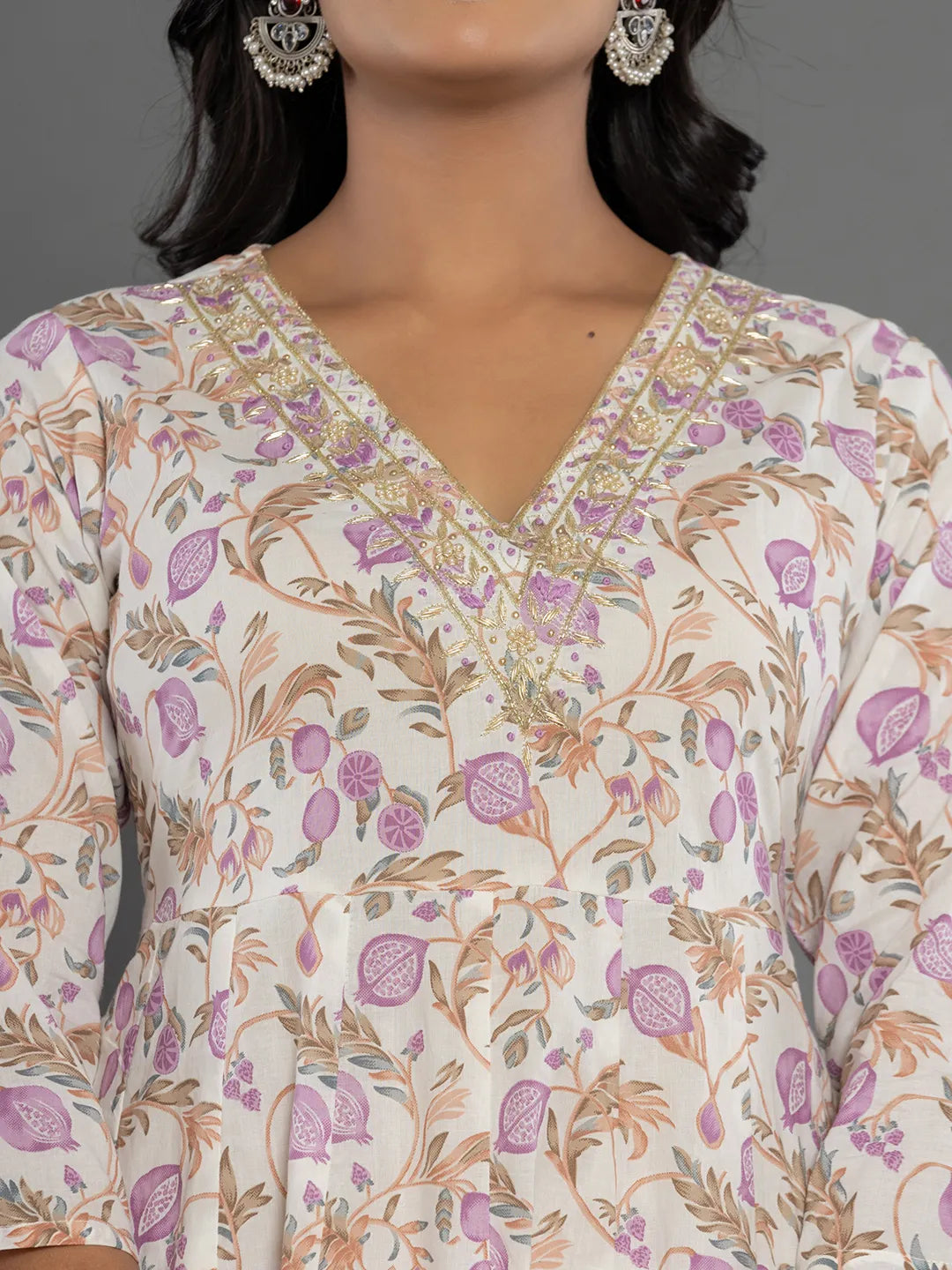 Yufta Purple Beads & Stones Cotton Anarkali Kurta Dupatta Pant Set | Grocsy
