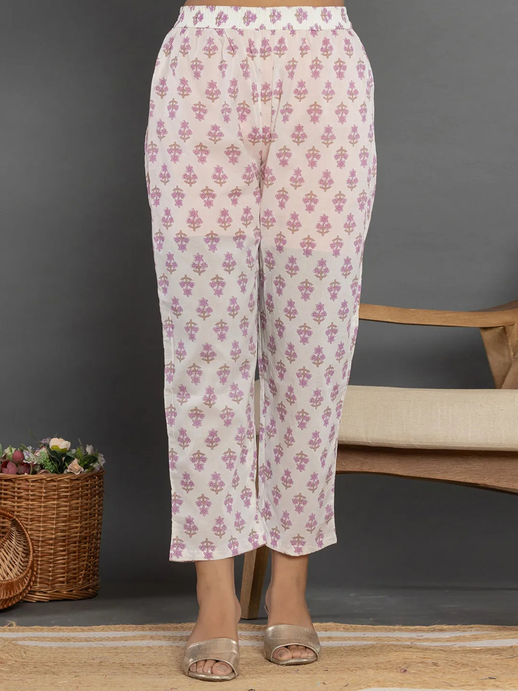 Yufta Purple Beads & Stones Cotton Anarkali Kurta Dupatta Pant Set | Grocsy