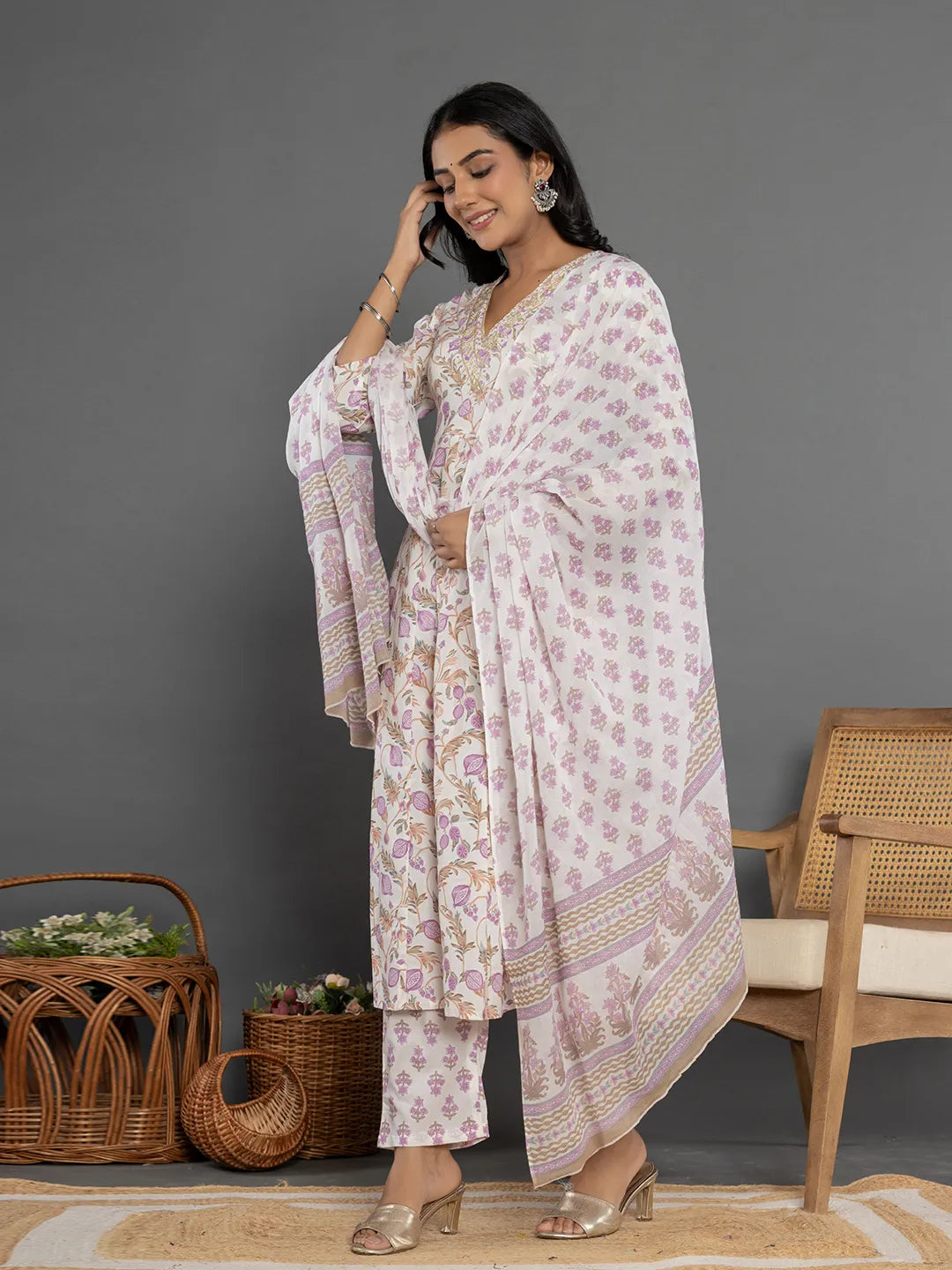 Yufta Purple Beads & Stones Cotton Anarkali Kurta Dupatta Pant Set | Grocsy