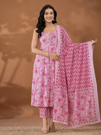 Yufta Purple Cotton Anarkali Square Neck Kurta Dupatta Set | Grocsy
