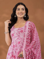 Yufta Purple Cotton Anarkali Square Neck Kurta Dupatta Set | Grocsy