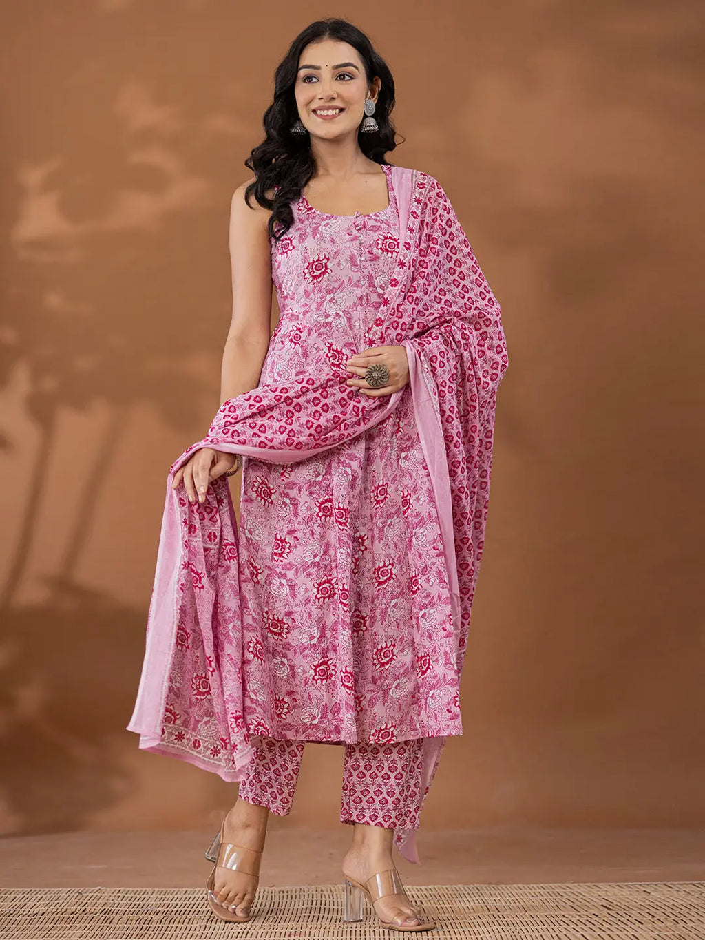 Yufta Purple Cotton Anarkali Square Neck Kurta Dupatta Set | Grocsy