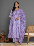 Yufta Purple Cotton Ethnic Motifs Kurta Dupatta Set | Grocsy