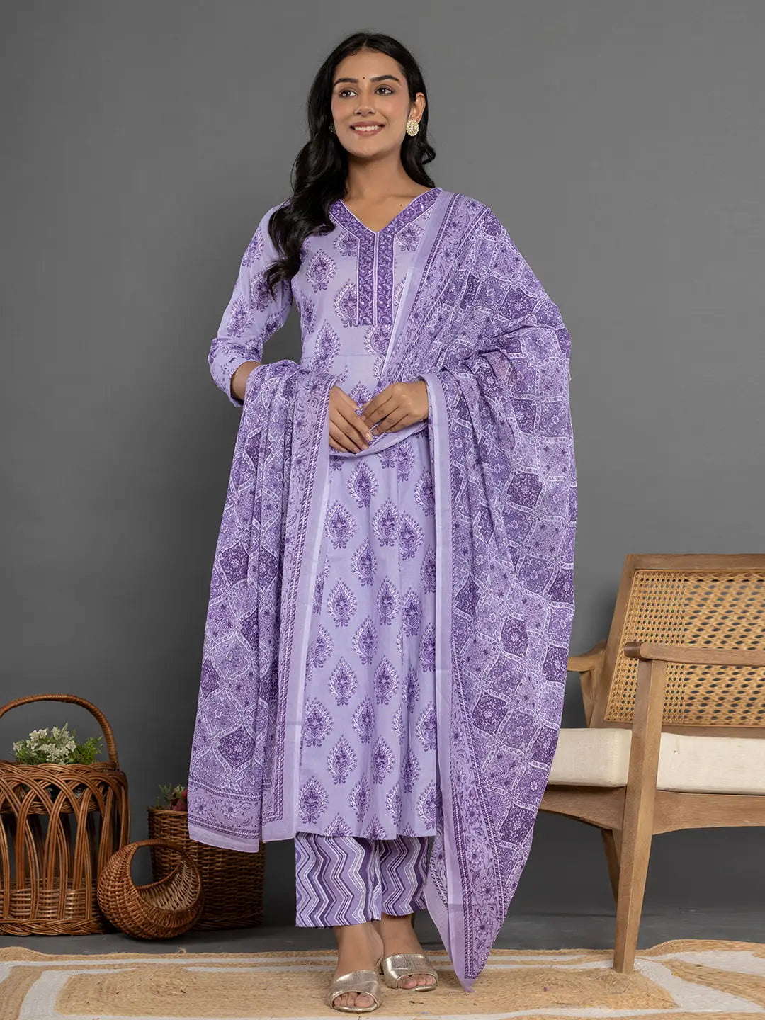 Yufta Purple Cotton Ethnic Motifs Kurta Dupatta Set | Grocsy