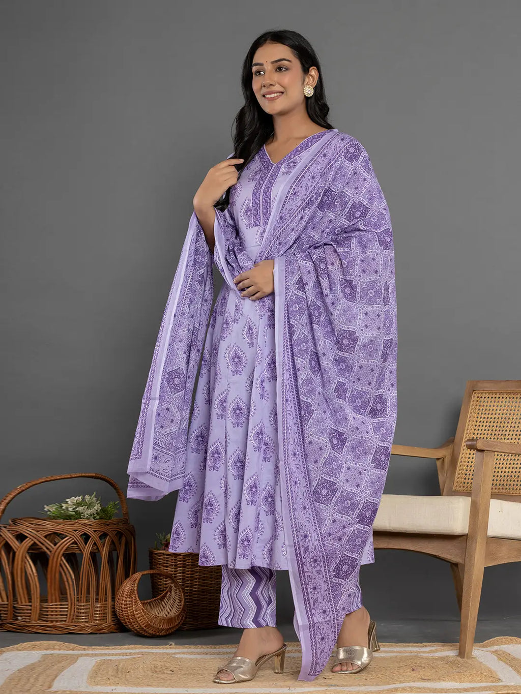 Yufta Purple Cotton Ethnic Motifs Kurta Dupatta Set | Grocsy