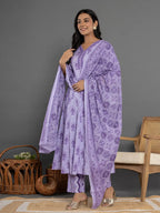 Yufta Purple Cotton Ethnic Motifs Kurta Dupatta Set | Grocsy