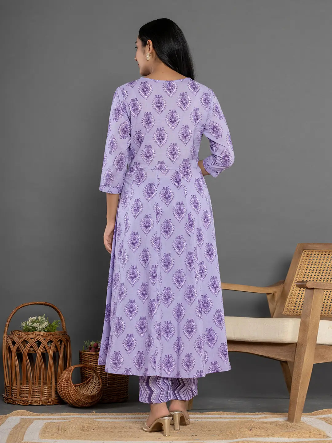 Yufta Purple Cotton Ethnic Motifs Kurta Dupatta Set | Grocsy