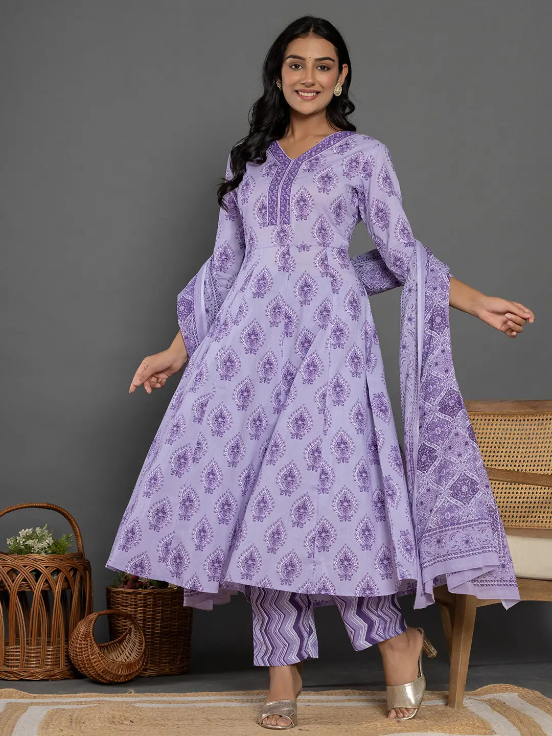 Yufta Purple Cotton Ethnic Motifs Kurta Dupatta Set | Grocsy