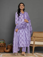 Yufta Purple Cotton Ethnic Motifs Kurta Dupatta Set | Grocsy