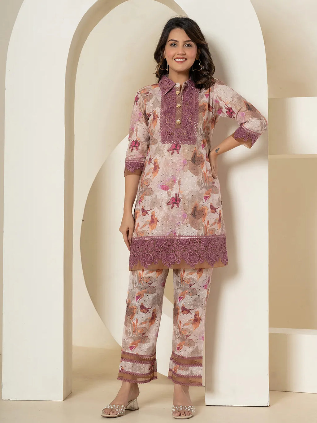 Yufta Purple Cotton Schiffli Co-Ord Set With Lace Detailing | Grocsy