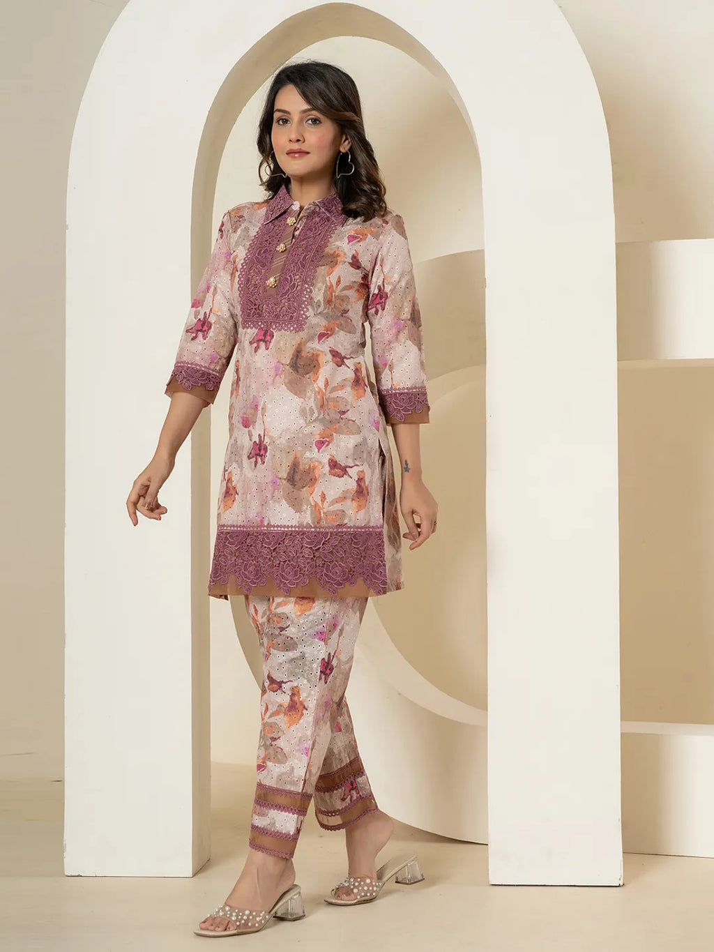 Yufta Purple Cotton Schiffli Co-Ord Set With Lace Detailing | Grocsy