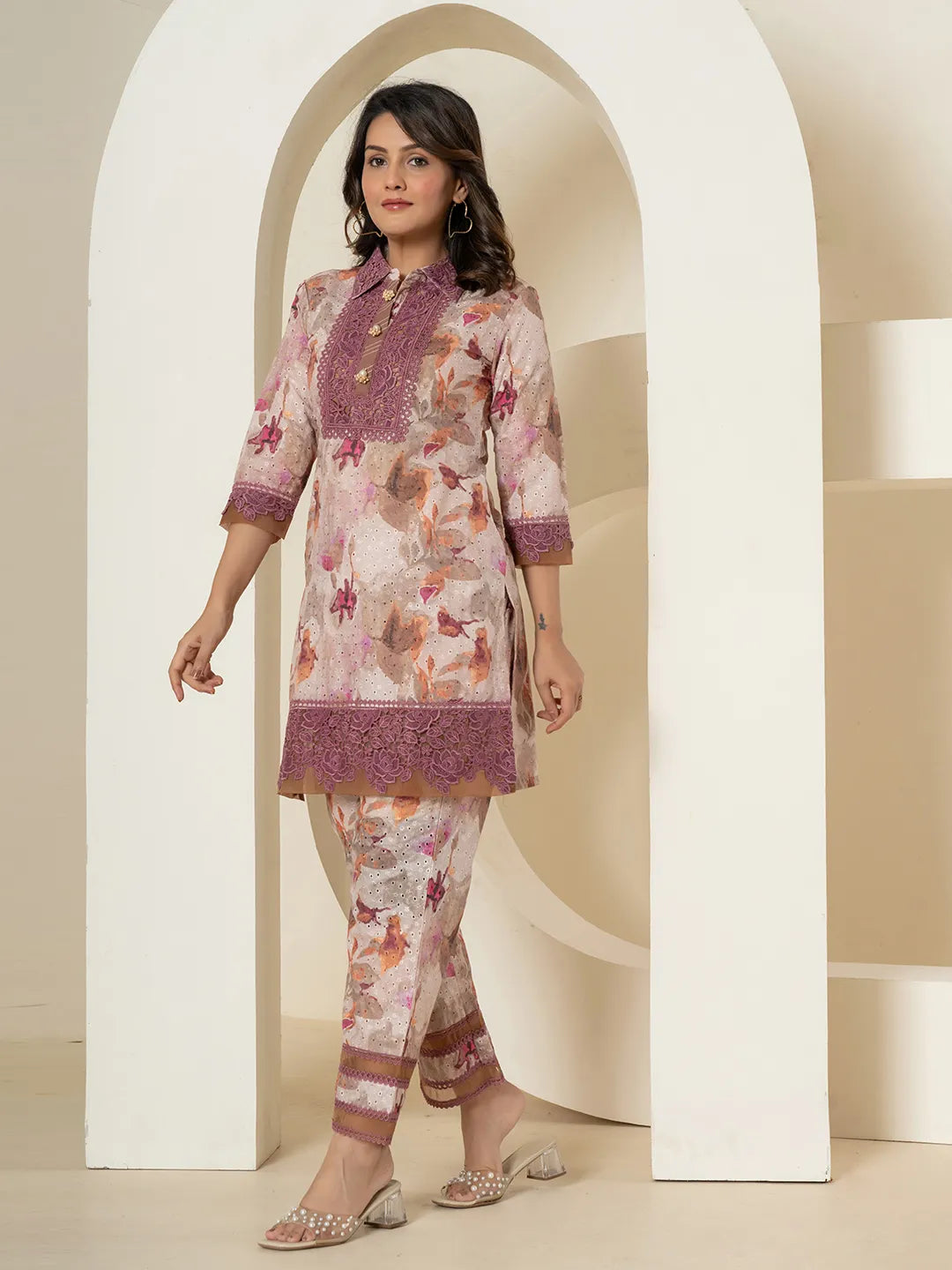 Yufta Purple Cotton Schiffli Co-Ord Set With Lace Detailing | Grocsy