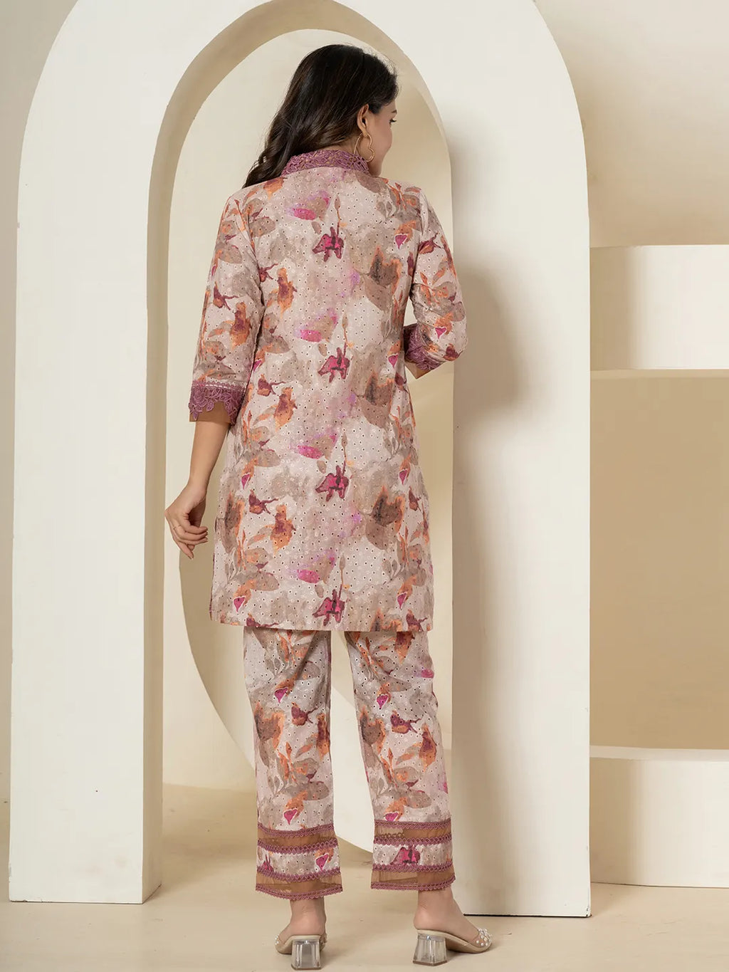 Yufta Purple Cotton Schiffli Co-Ord Set With Lace Detailing | Grocsy