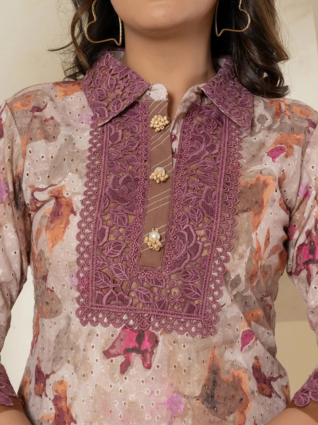 Yufta Purple Cotton Schiffli Co-Ord Set With Lace Detailing | Grocsy