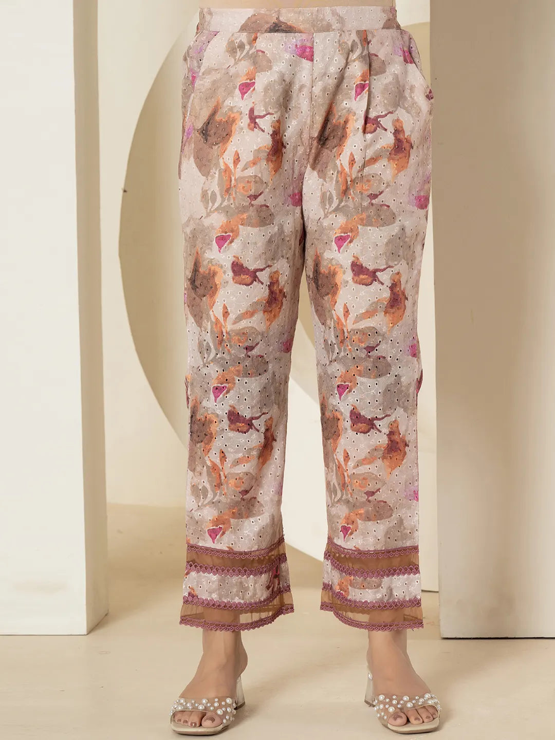 Yufta Purple Cotton Schiffli Co-Ord Set With Lace Detailing | Grocsy