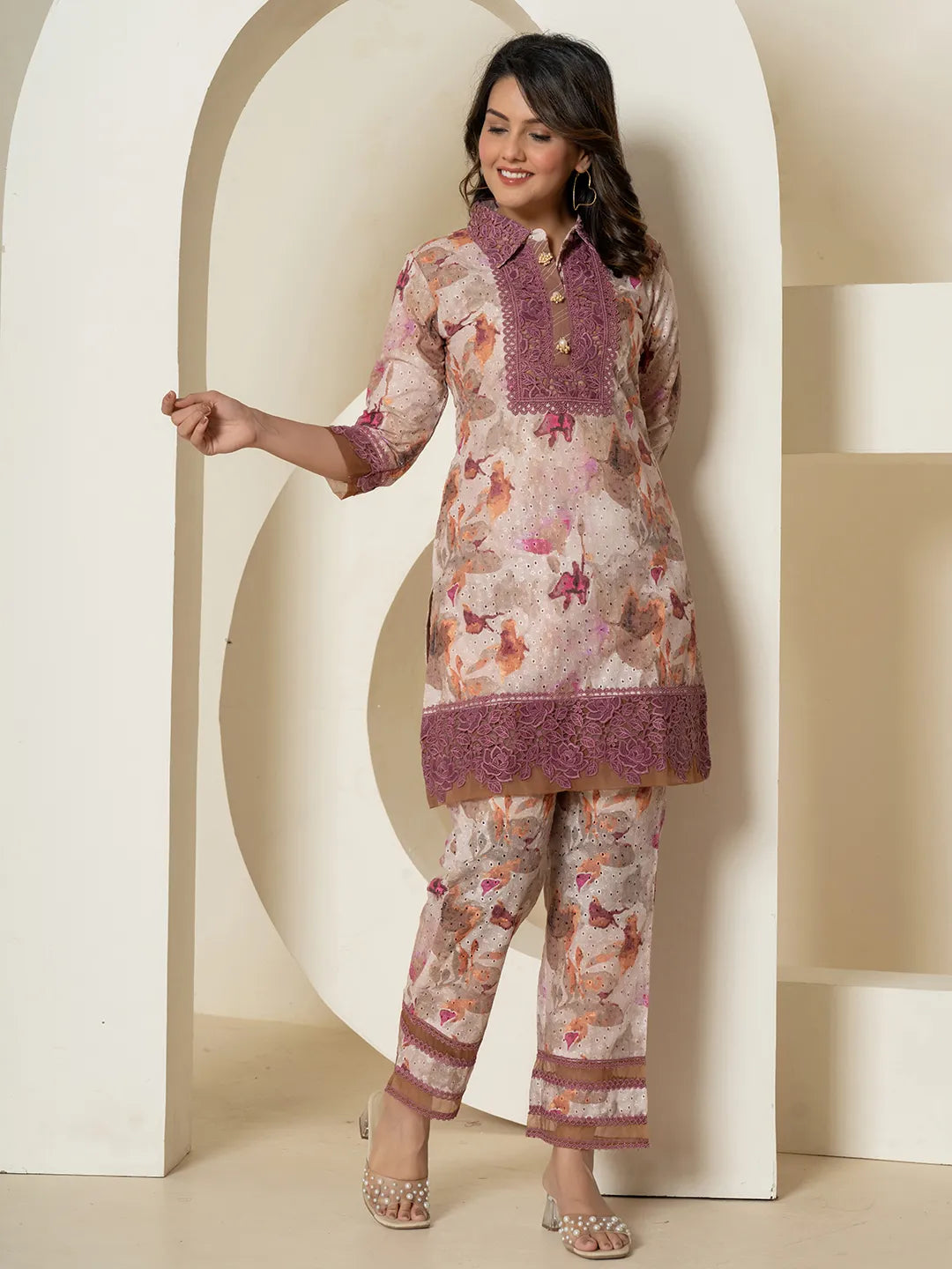 Yufta Purple Cotton Schiffli Co-Ord Set With Lace Detailing | Grocsy