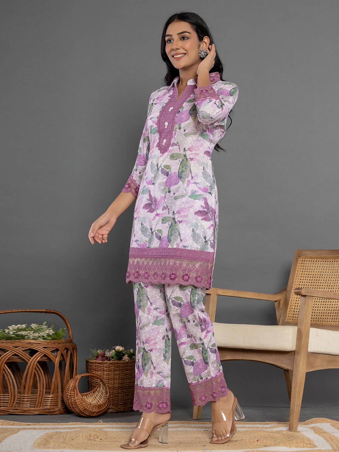 Yufta Purple Cotton Schiffli Co-Ord Set With Lace | Grocsy
