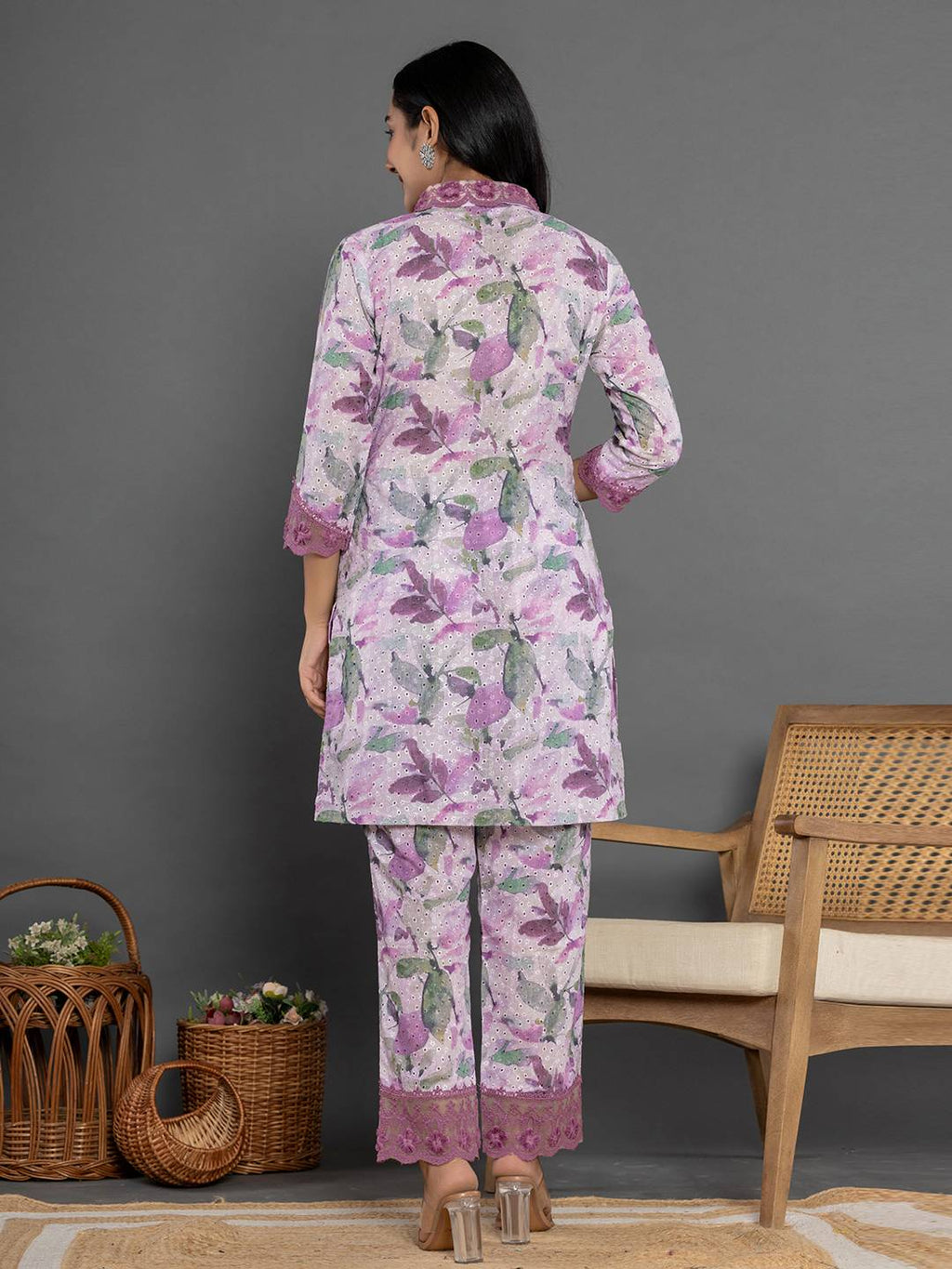 Yufta Purple Cotton Schiffli Co-Ord Set With Lace | Grocsy