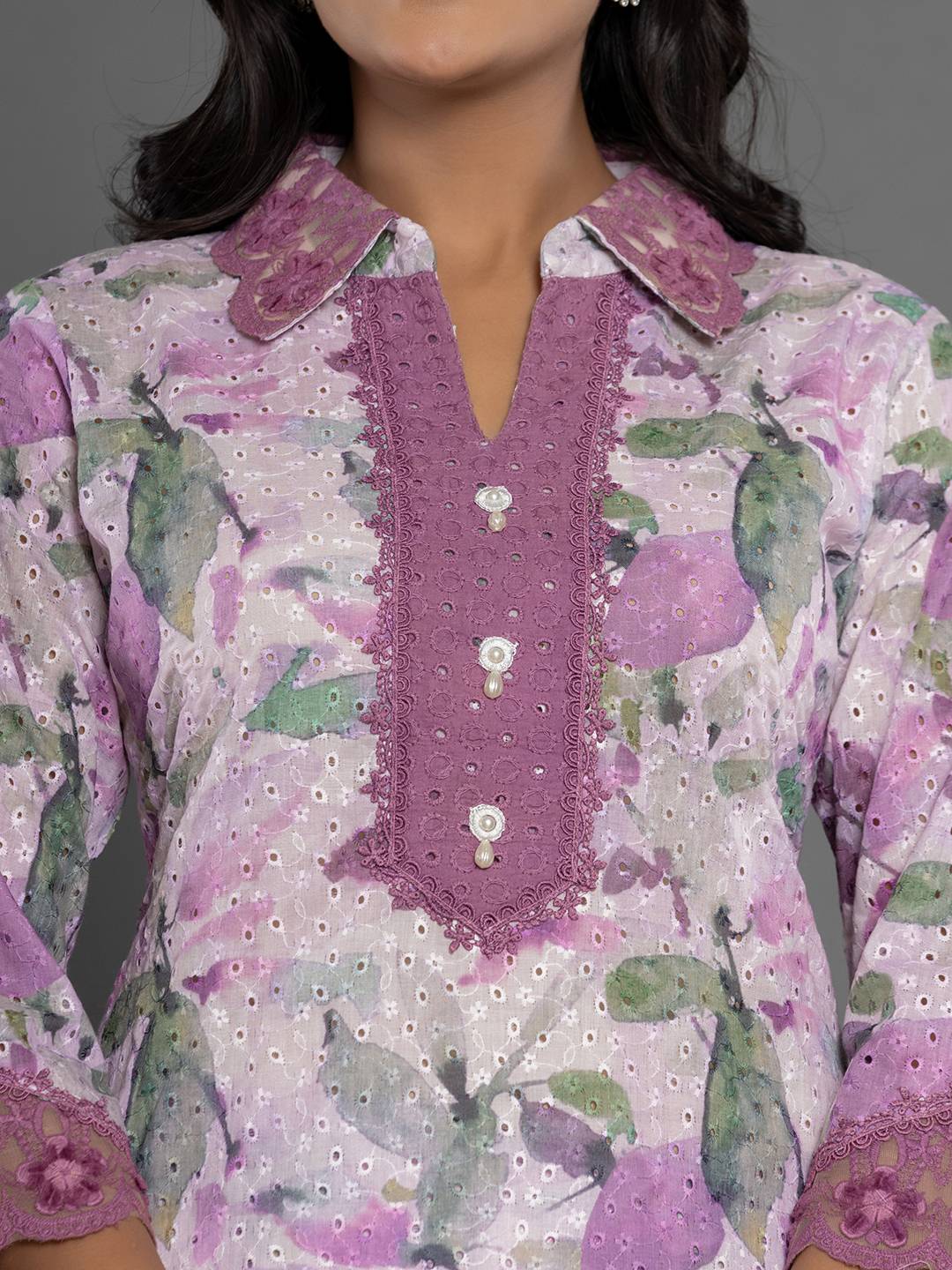 Yufta Purple Cotton Schiffli Co-Ord Set With Lace | Grocsy