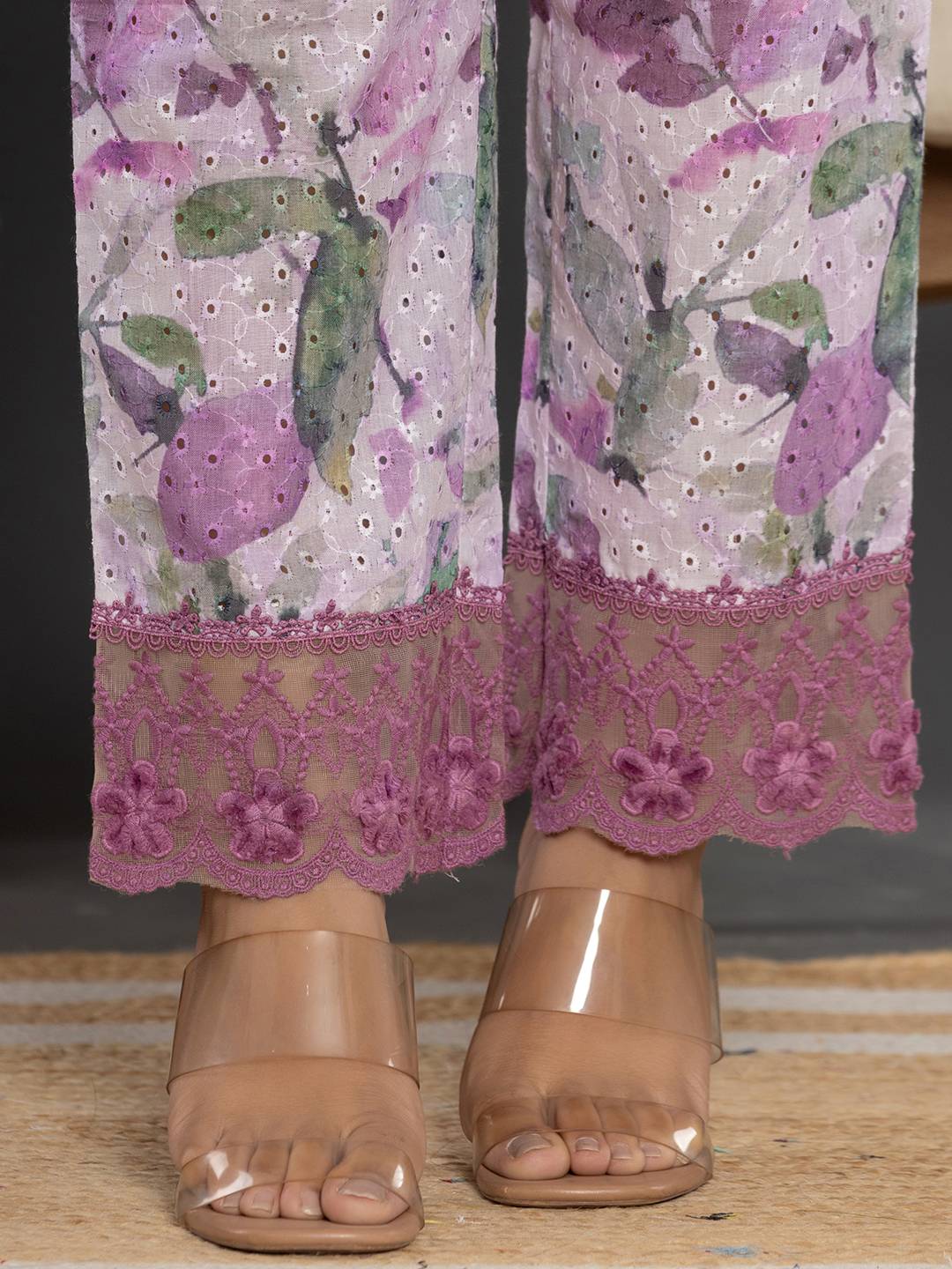 Yufta Purple Cotton Schiffli Co-Ord Set With Lace | Grocsy