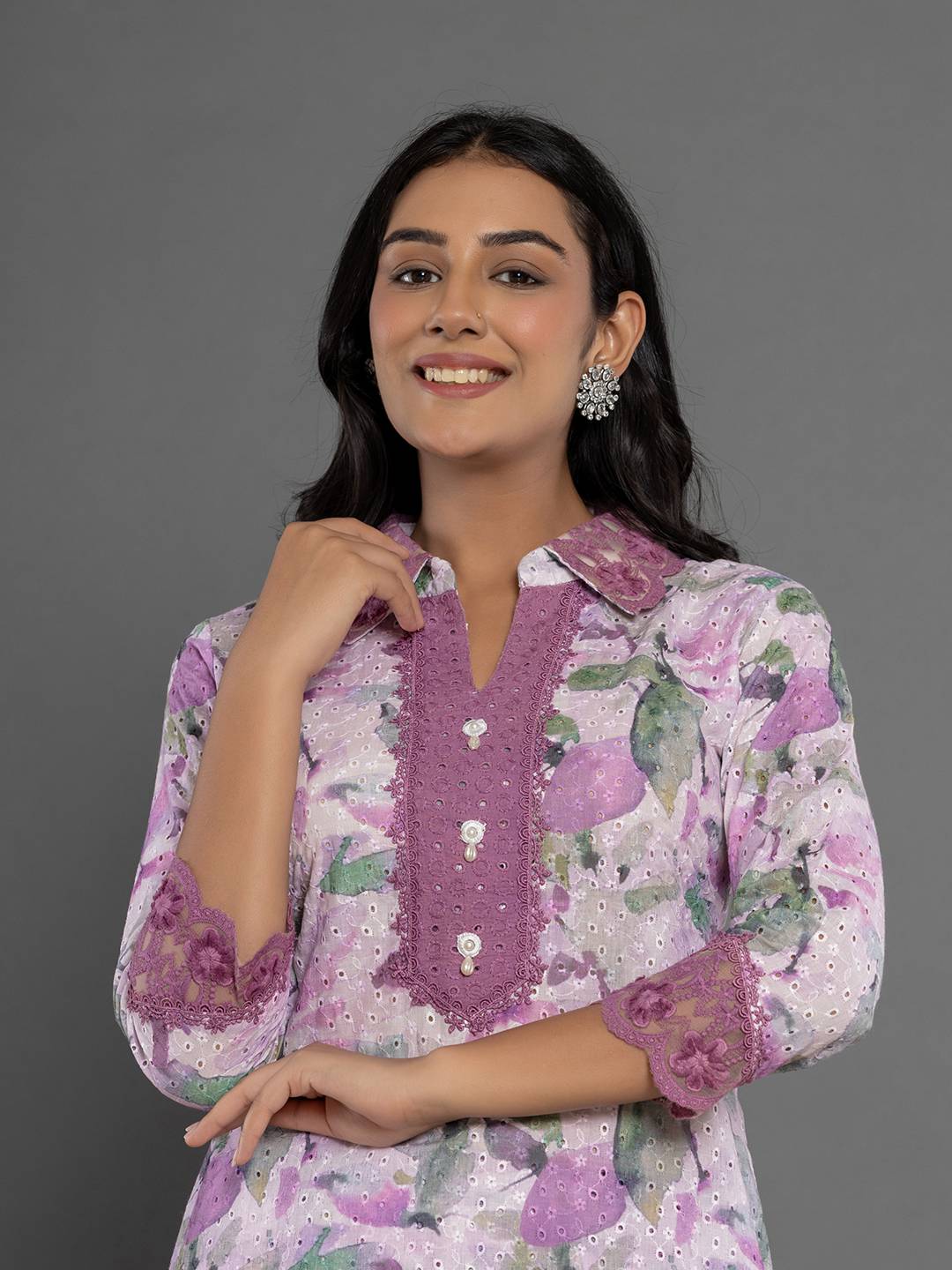 Yufta Purple Cotton Schiffli Co-Ord Set With Lace | Grocsy