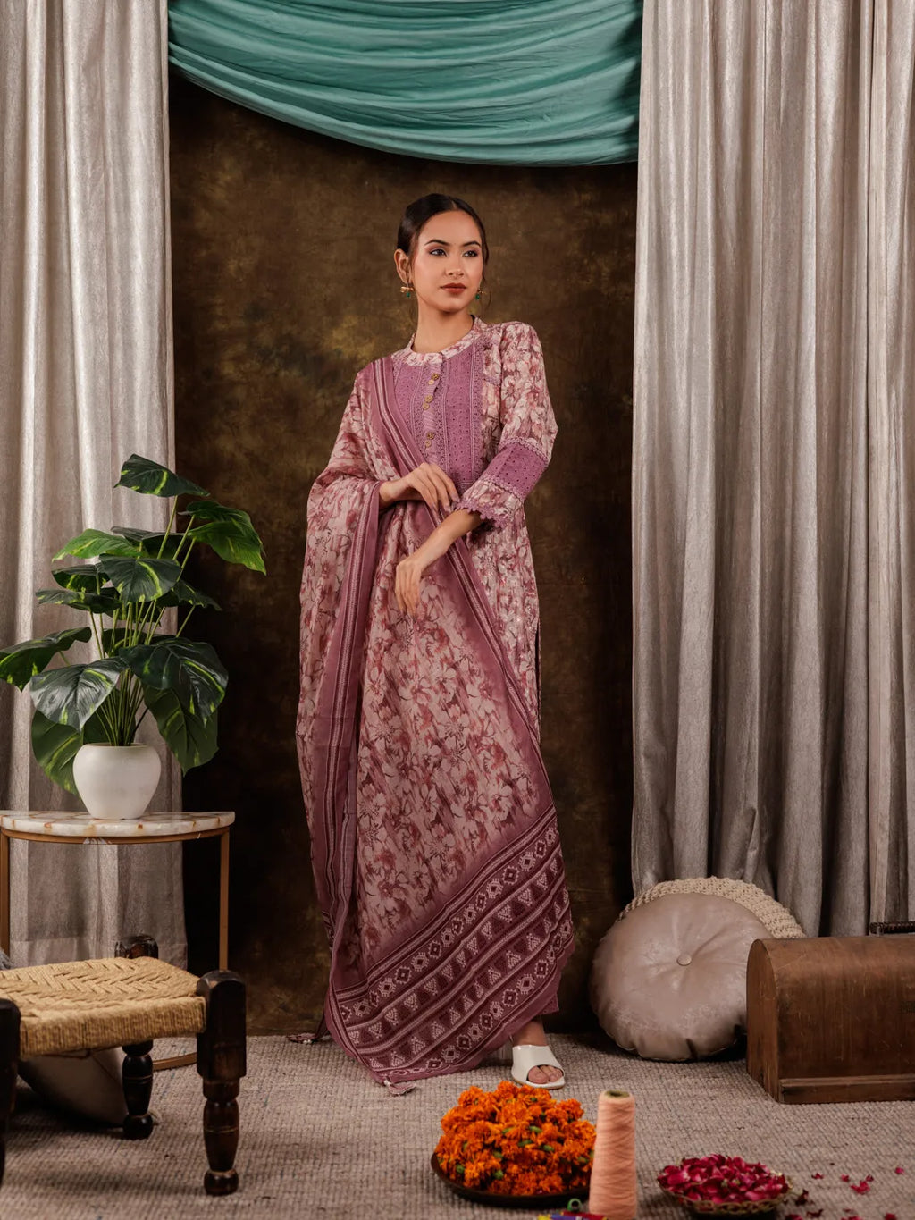 Yufta Purple Cotton Schiffli Kurta Dupatta Set With Lace Detailing | Grocsy