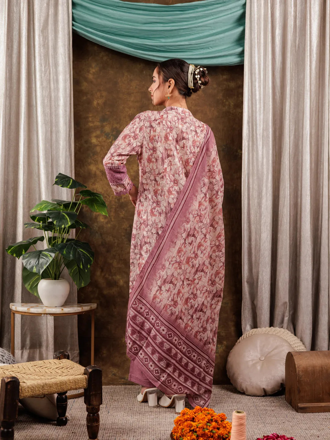 Yufta Purple Cotton Schiffli Kurta Dupatta Set With Lace Detailing | Grocsy