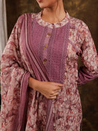 Yufta Purple Cotton Schiffli Kurta Dupatta Set With Lace Detailing | Grocsy