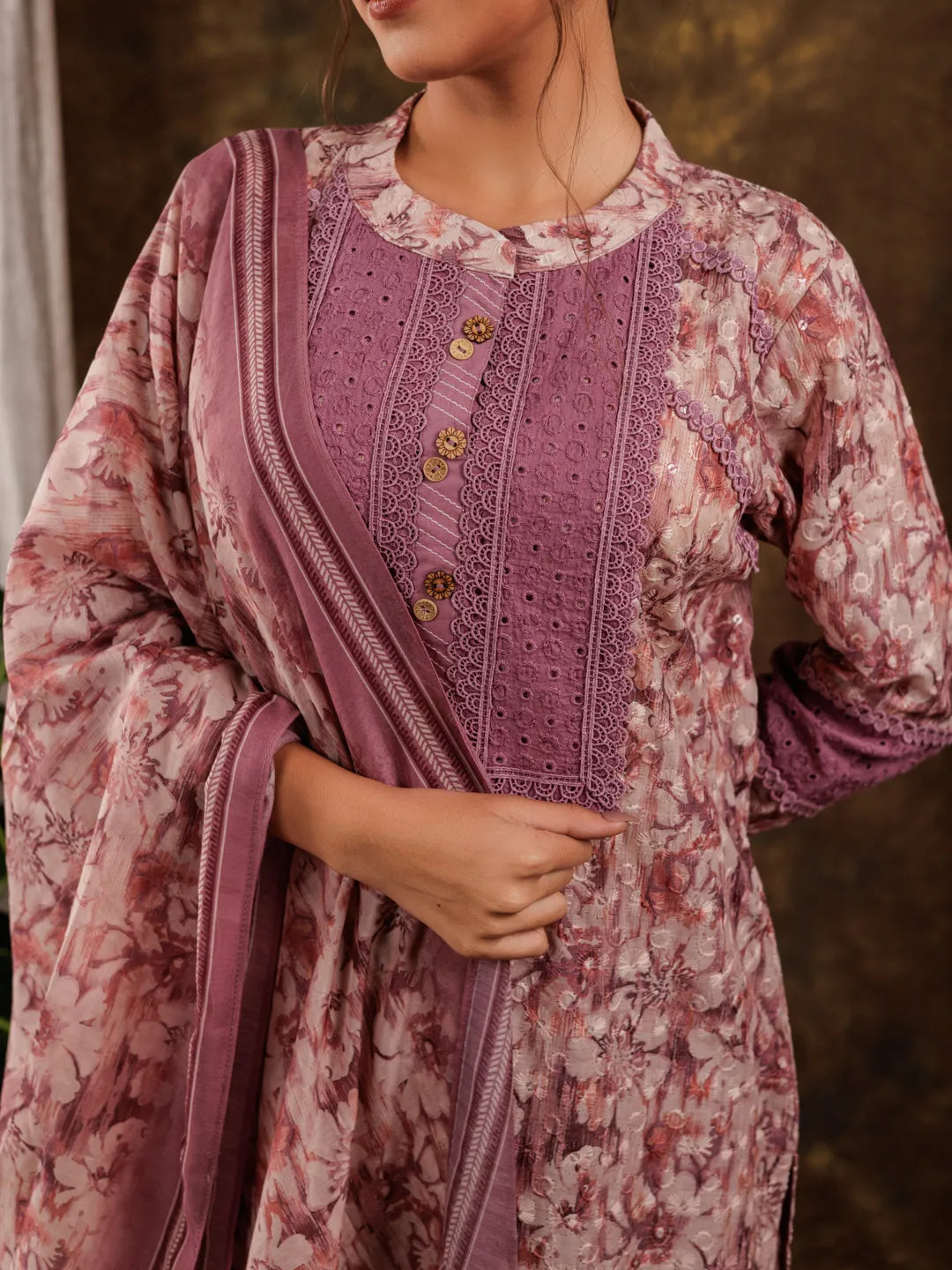 Yufta Purple Cotton Schiffli Kurta Dupatta Set With Lace Detailing | Grocsy