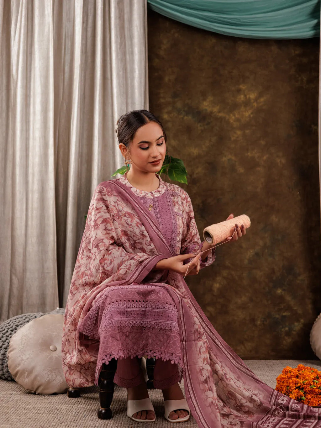Yufta Purple Cotton Schiffli Kurta Dupatta Set With Lace Detailing | Grocsy