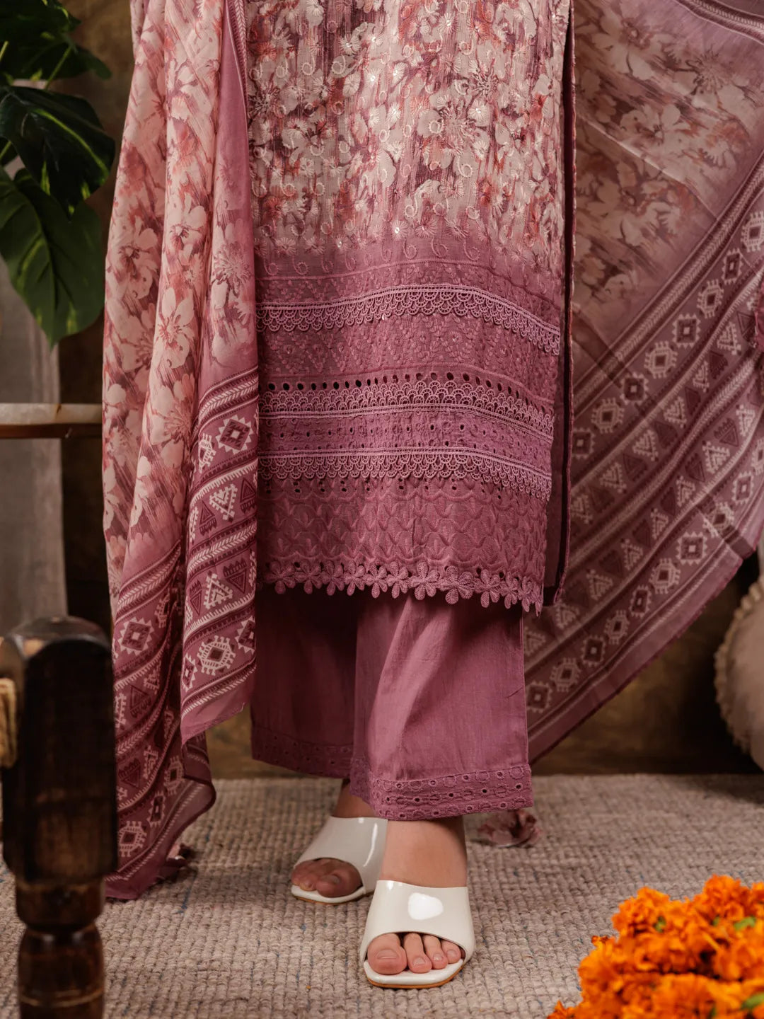 Yufta Purple Cotton Schiffli Kurta Dupatta Set With Lace Detailing | Grocsy