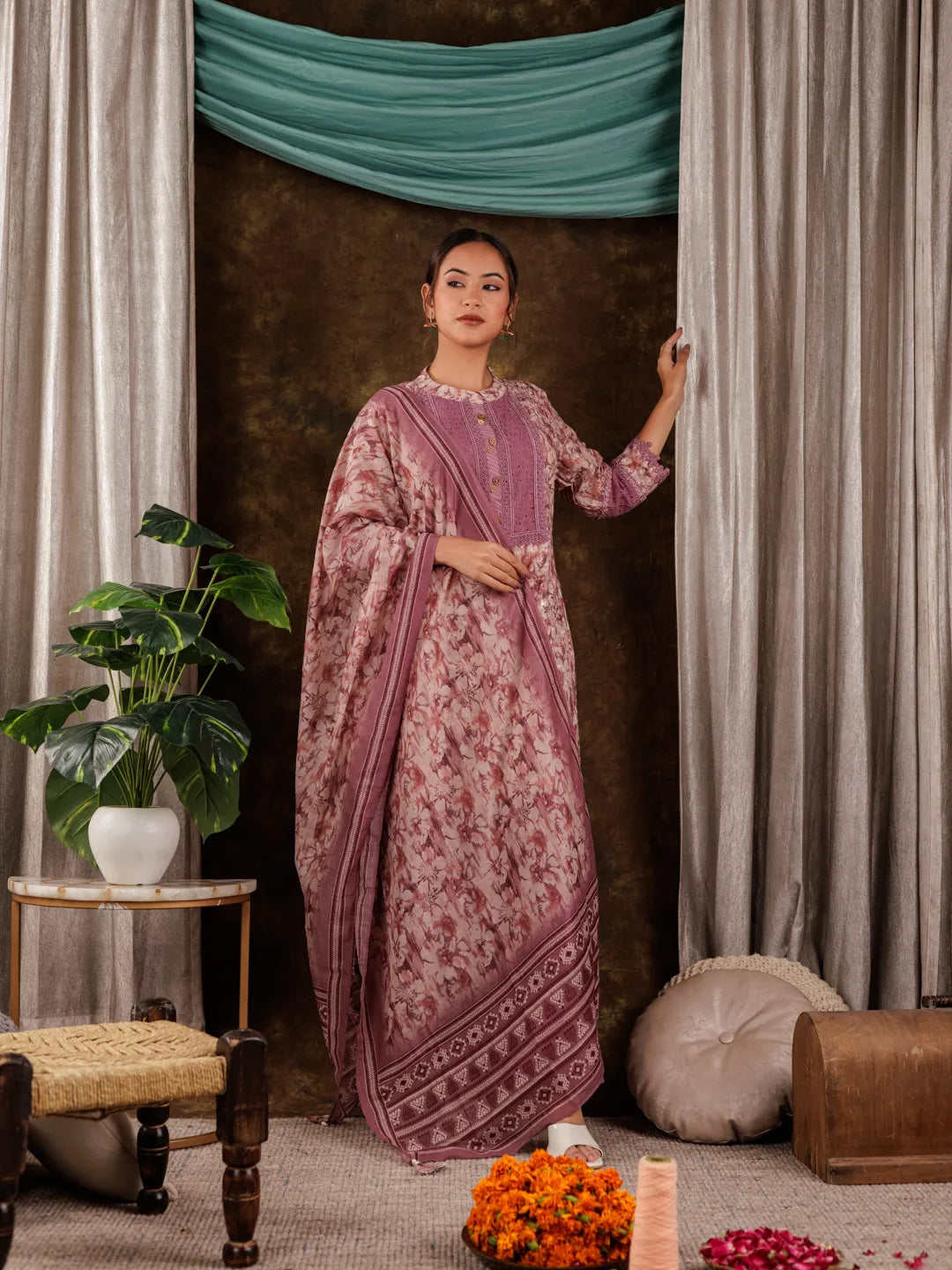 Yufta Purple Cotton Schiffli Kurta Dupatta Set With Lace Detailing | Grocsy