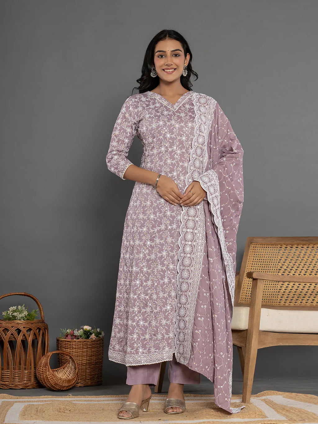 Yufta Purple Cotton Silk Embroidered Anarkali Kurta Dupatta Set | Grocsy