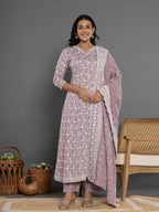 Yufta Purple Cotton Silk Embroidered Anarkali Kurta Dupatta Set | Grocsy