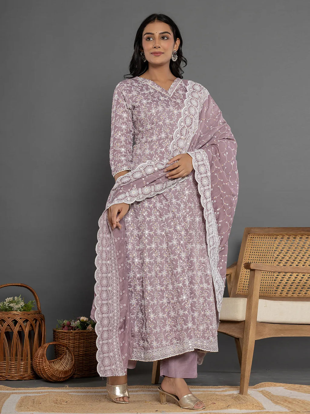 Yufta Purple Cotton Silk Embroidered Anarkali Kurta Dupatta Set | Grocsy