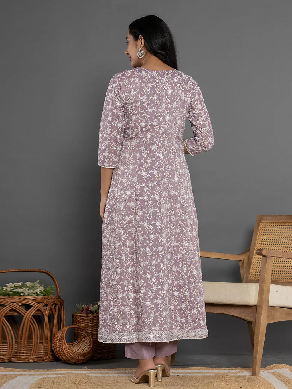 Yufta Purple Cotton Silk Embroidered Anarkali Kurta Dupatta Set | Grocsy
