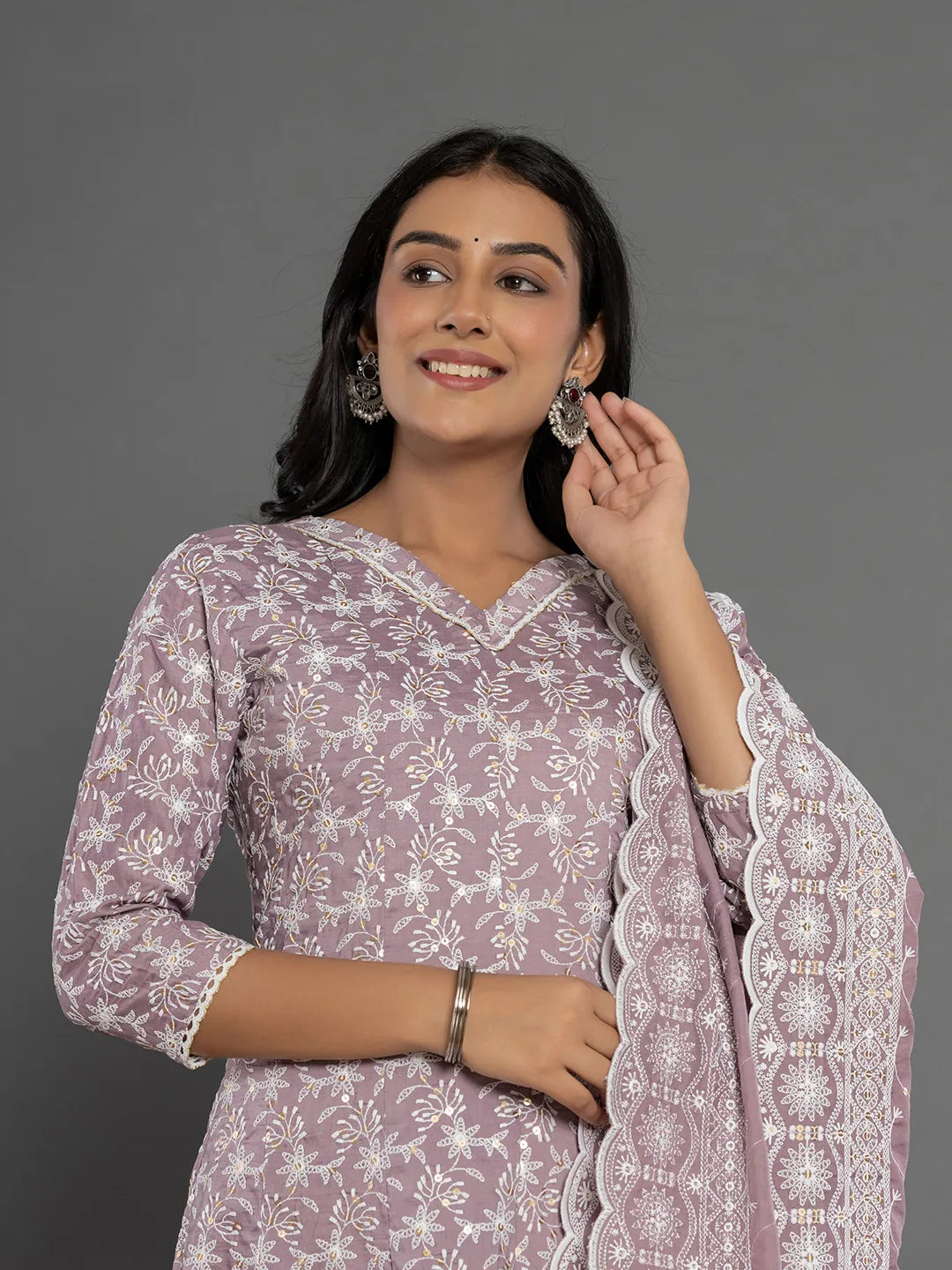 Yufta Purple Cotton Silk Embroidered Anarkali Kurta Dupatta Set | Grocsy