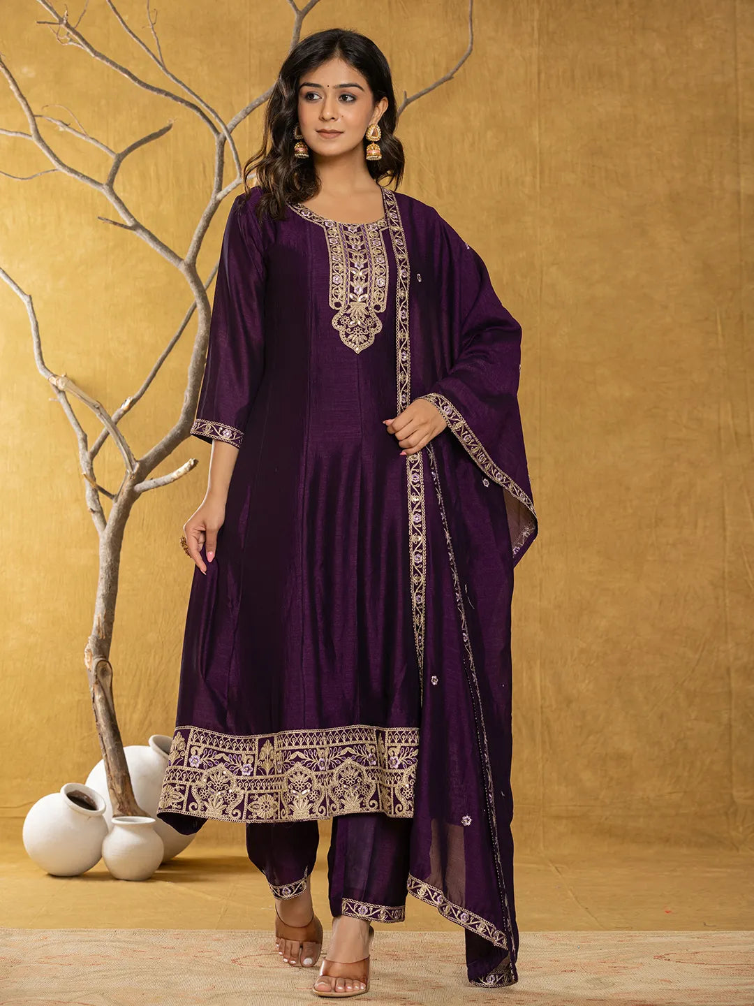 Yufta Purple Embroidered Anarkali Kurta Dupatta Set | Grocsy