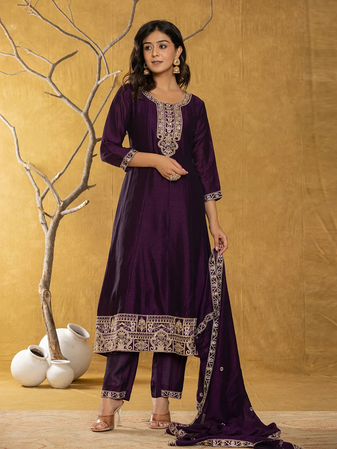 Yufta Purple Embroidered Anarkali Kurta Dupatta Set | Grocsy