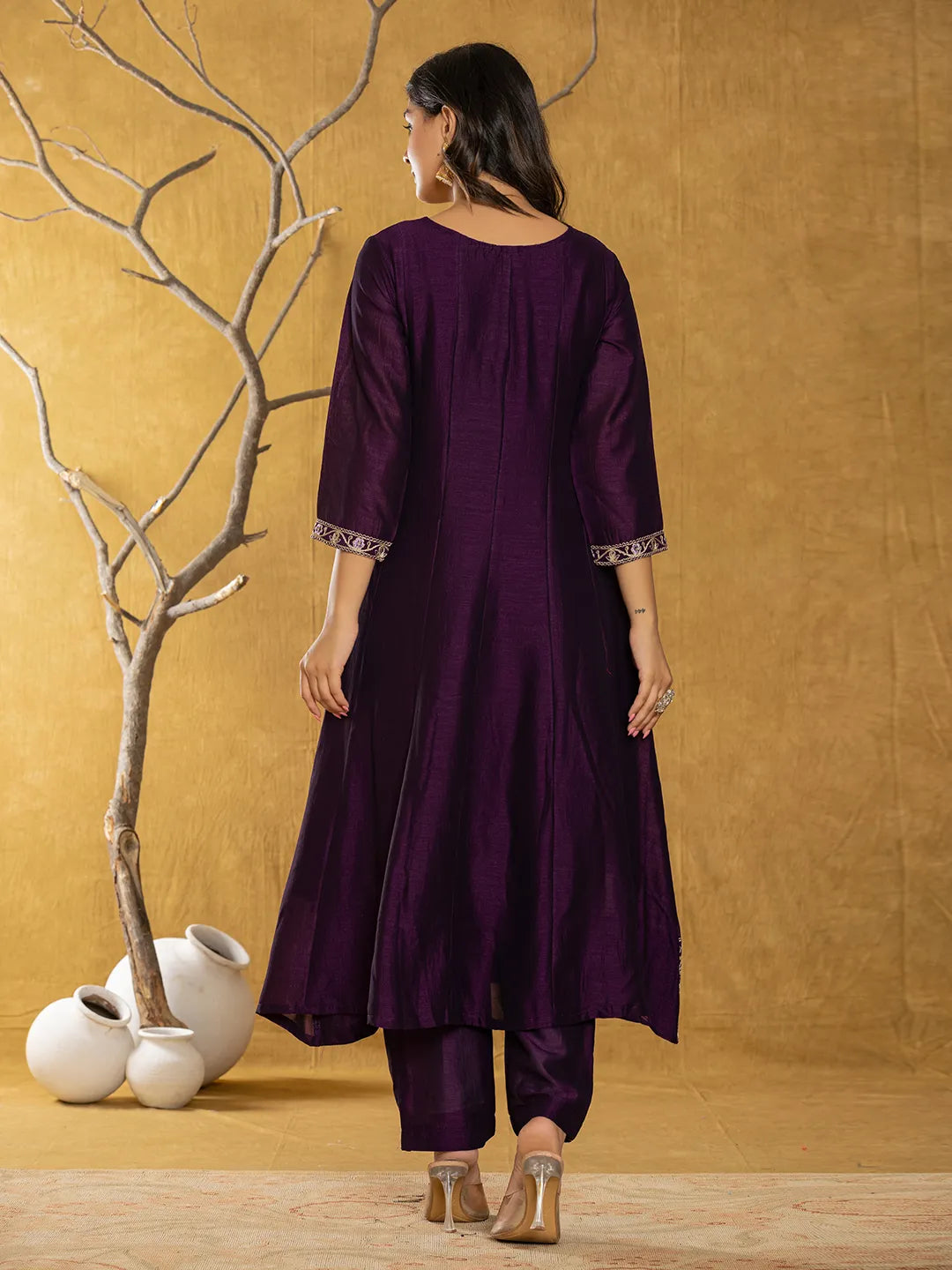 Yufta Purple Embroidered Anarkali Kurta Dupatta Set | Grocsy
