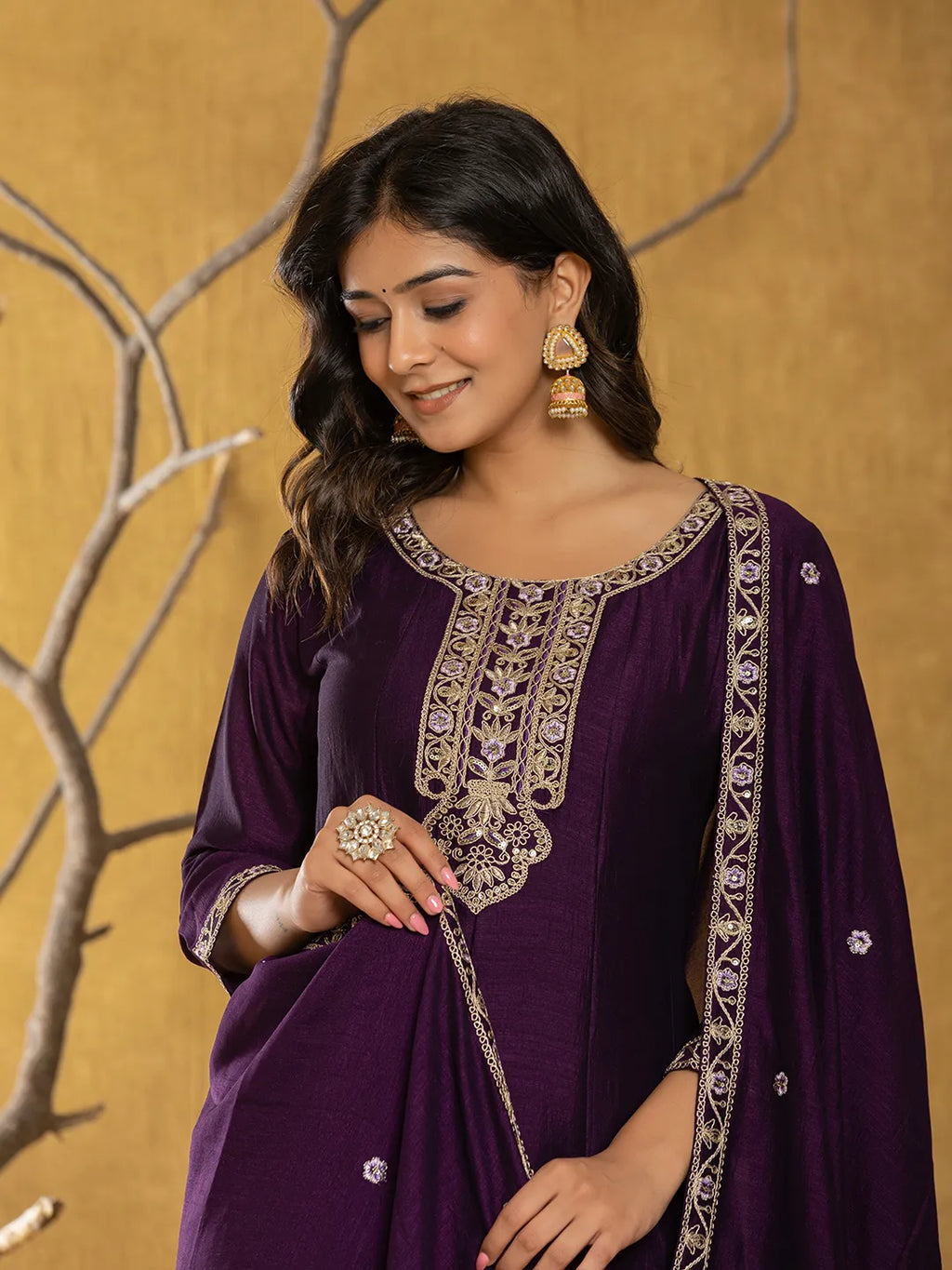 Yufta Purple Embroidered Anarkali Kurta Dupatta Set | Grocsy