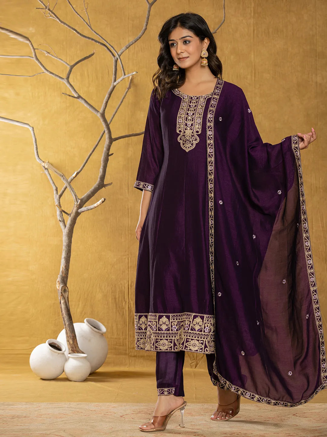 Yufta Purple Embroidered Anarkali Kurta Dupatta Set | Grocsy
