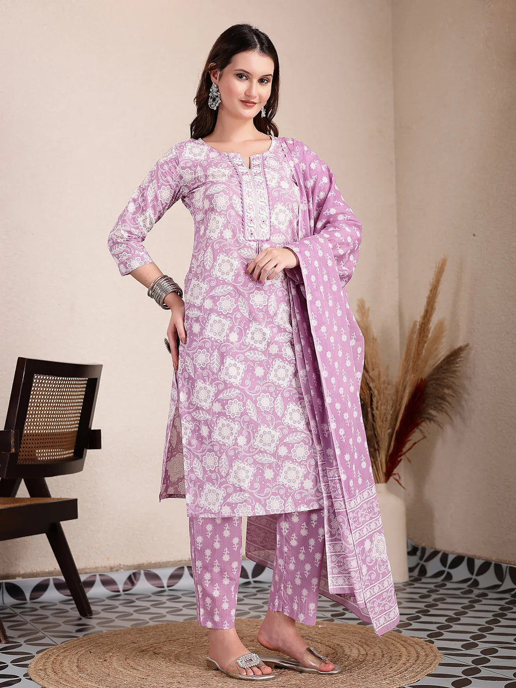 Yufta Purple Ethnic Motifs Print Straight Kurta Trouser Dupatta Set | Grocsy