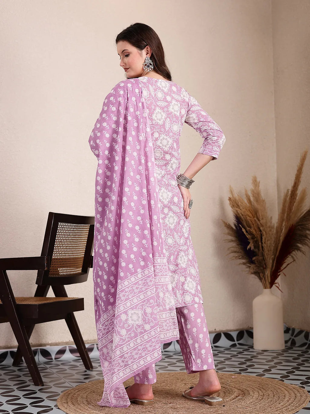 Yufta Purple Ethnic Motifs Print Straight Kurta Trouser Dupatta Set | Grocsy