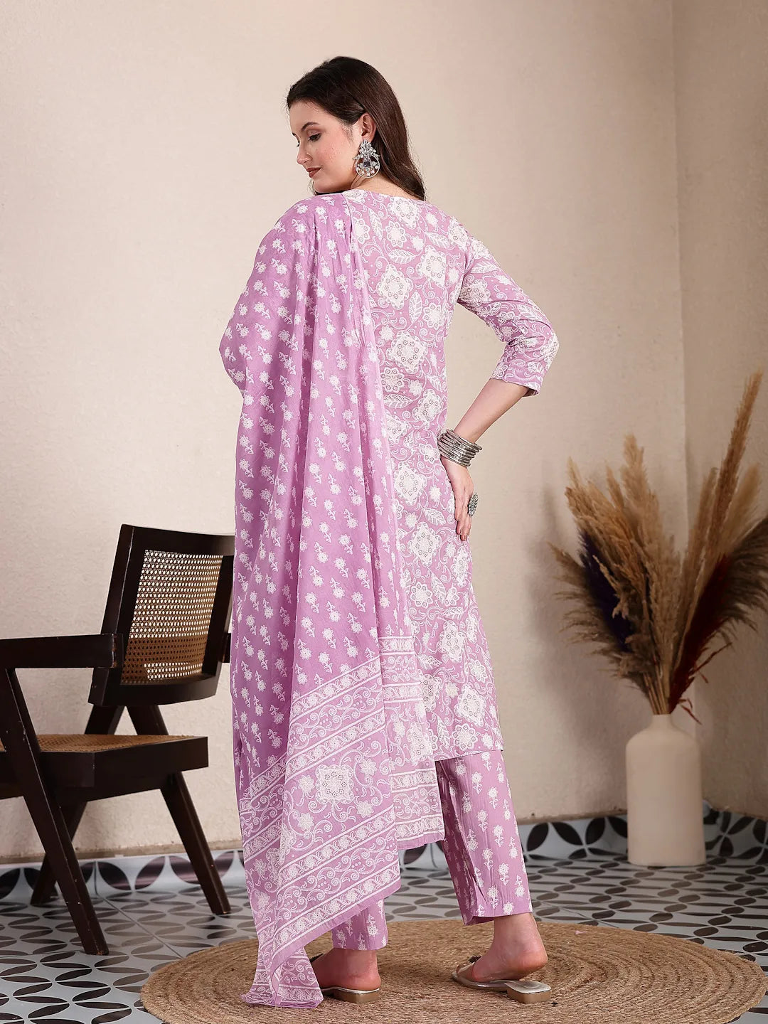 Yufta Purple Ethnic Motifs Print Straight Kurta Trouser Dupatta Set | Grocsy