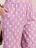 Yufta Purple Ethnic Motifs Print Straight Kurta Trouser Dupatta Set | Grocsy